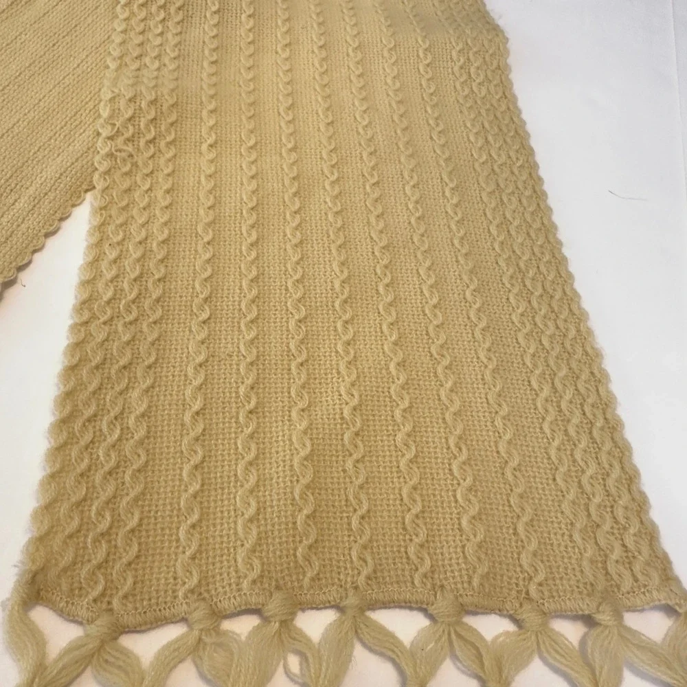 Vintage WPL Cream Cable Knit Scarf Hand Knotted Fringe‎ Made in Japan 66x8.5